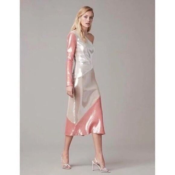 Diane Von Furstenberg BIAS STRIPE SEQUIN ONE SHOULDER SHEATH DRESS sz 4 - Picture 5 of 16